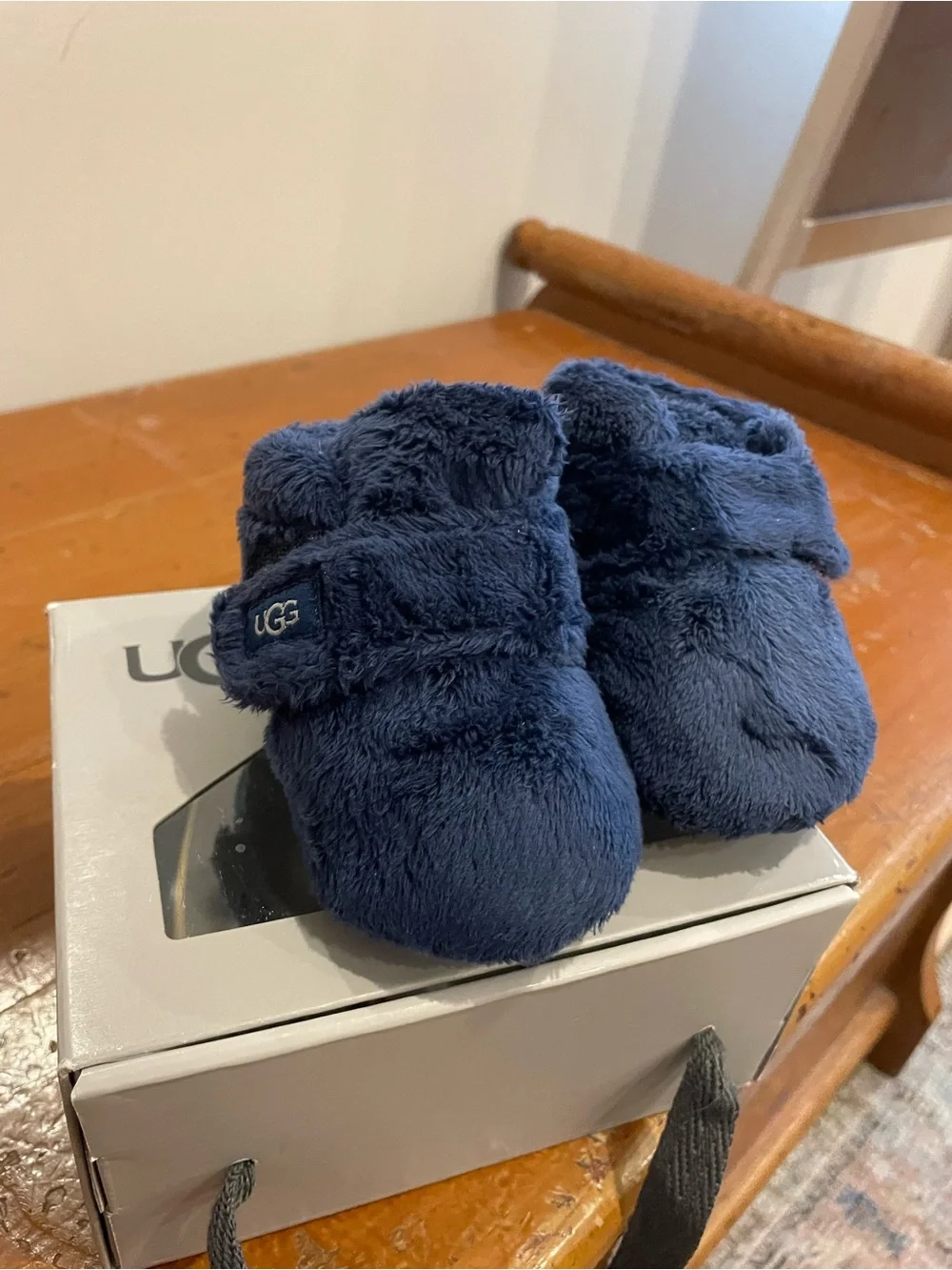 UGG Navy Plush Infant Booties with Hook-and-Loop Strap